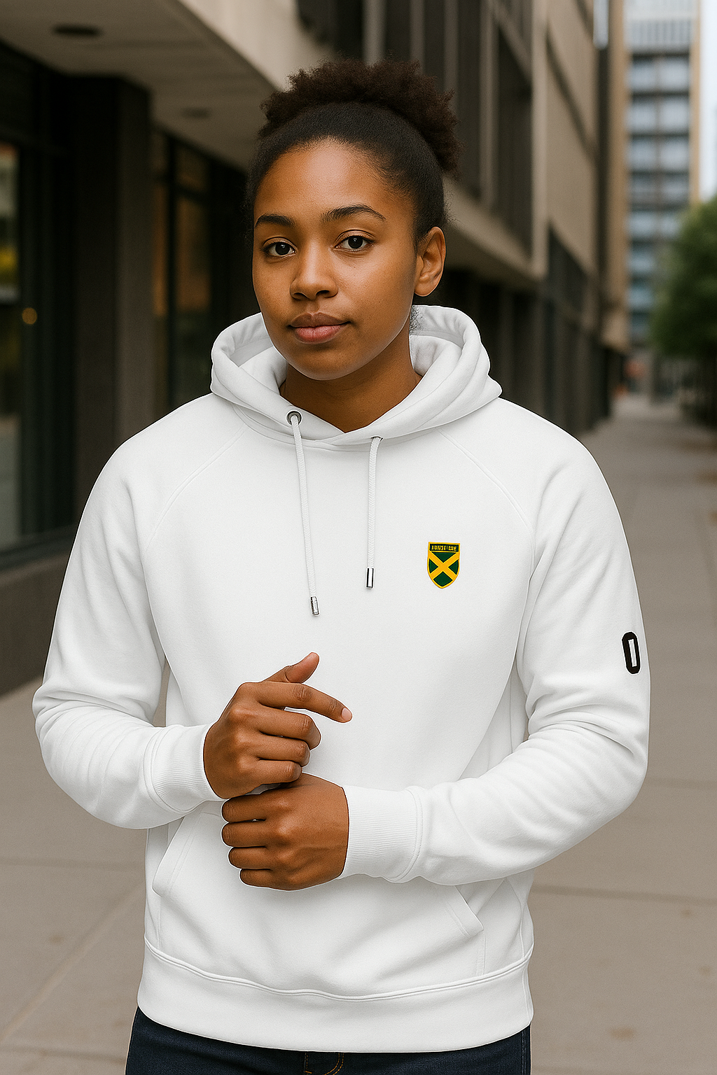 Person wearing a white hoodie with a logo on a city street